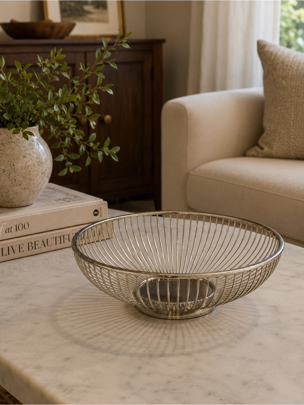 Neutral vintage silver plated Wire Decorative Bowl - Cream